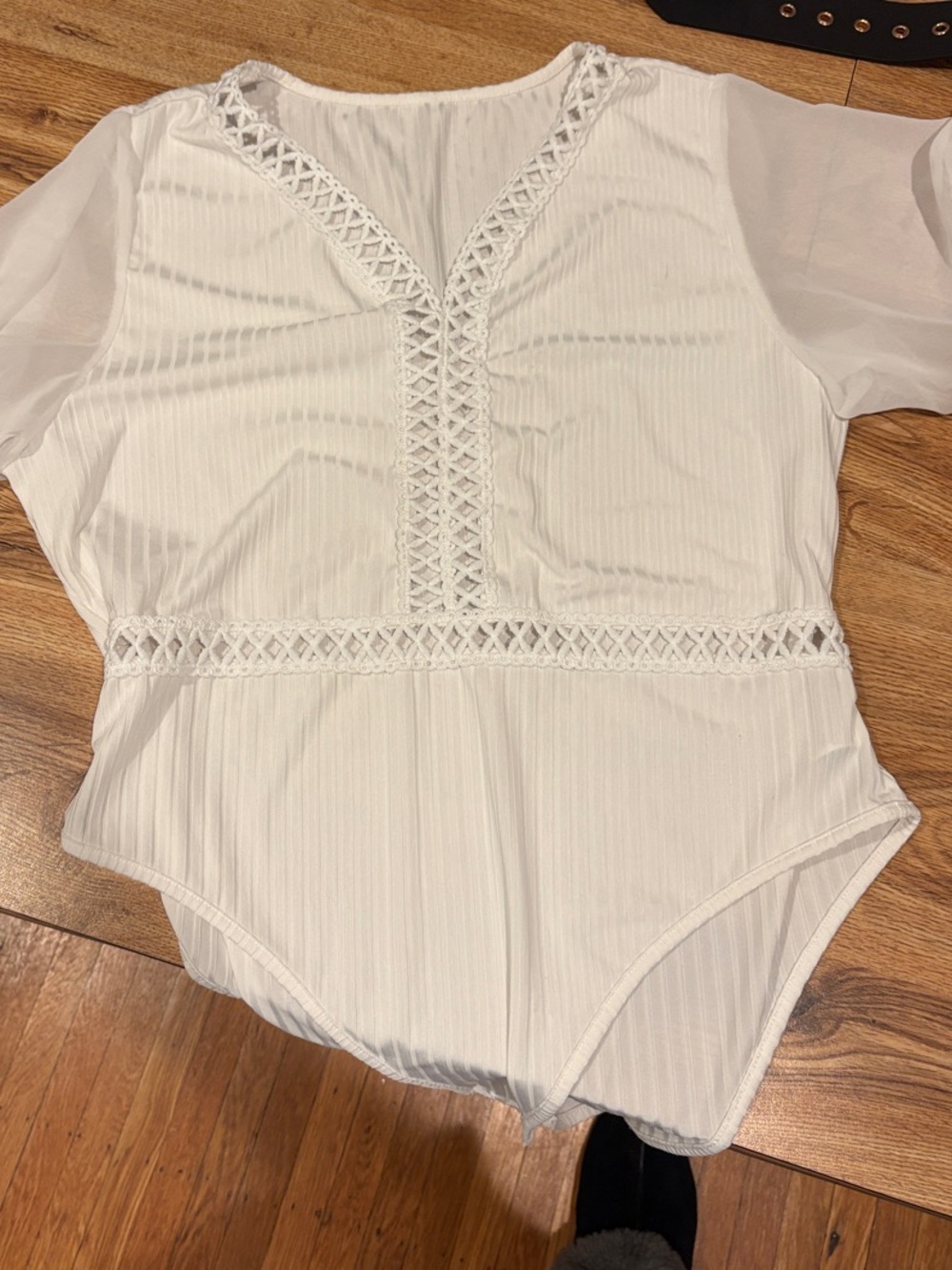 SHEIN White Lace-Trim V-Neck Ribbed Bodysuit